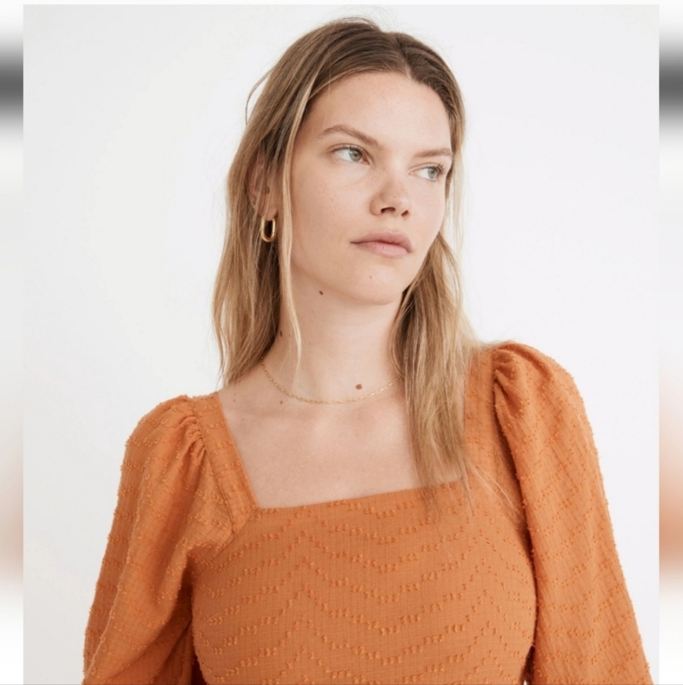 Madewell Orange Clip Dot Puff Sleeve Cottagecore Boho Western Mini Dress Vacay 4 - Picture 3 of 13